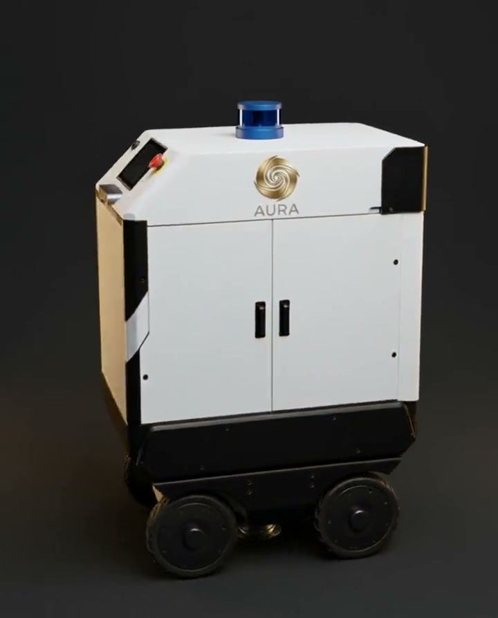 AURA autonomous hospital delivery robot, front view