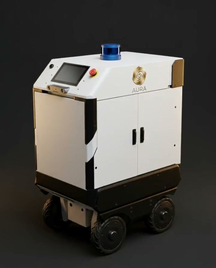AURA autonomous hospital delivery robot, three-quarter view