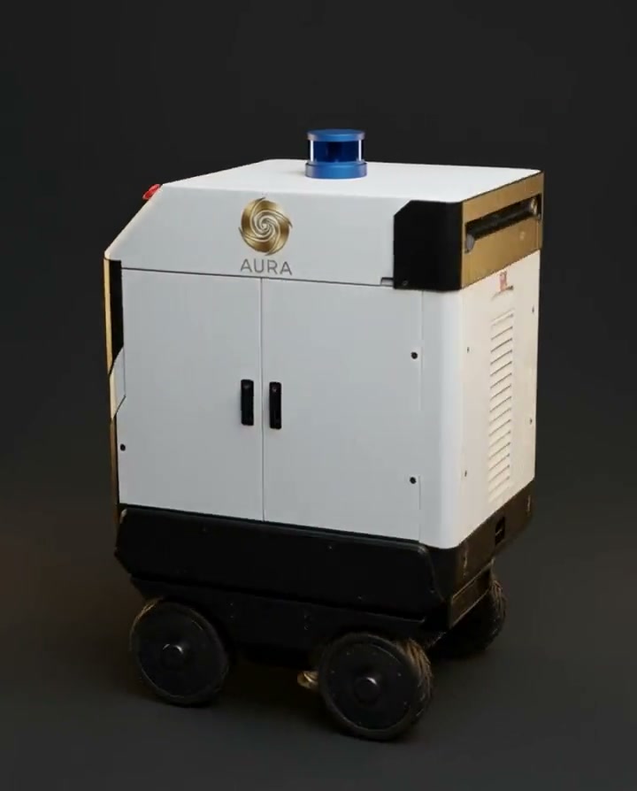 AURA autonomous hospital delivery robot, three-quarter view