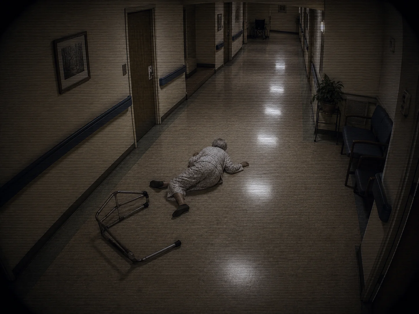 Figure on the floor of a hospital corridor